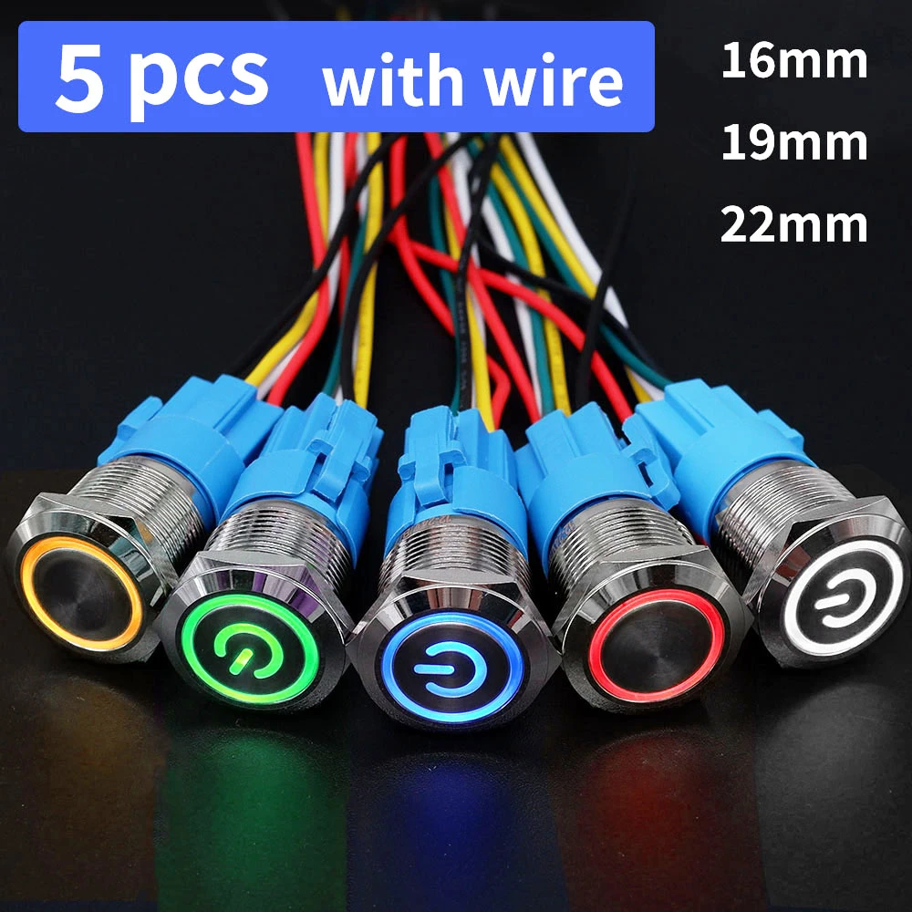 5 Stuks Metalen Drukknop 12V 16Mm 19Mm 22Mm Ring Lamp Power Symbool