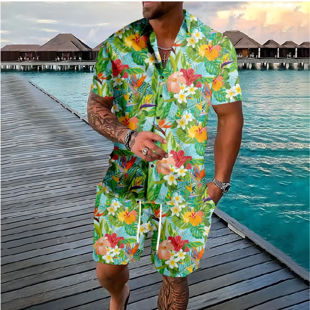 Hawaiian Flamingo Coconut Tree 3d Print Short Sleeve Shirt+Shorts 2Pcs Set Casual Beachwear Vacation 2 Piece Suits Men Clothing 6