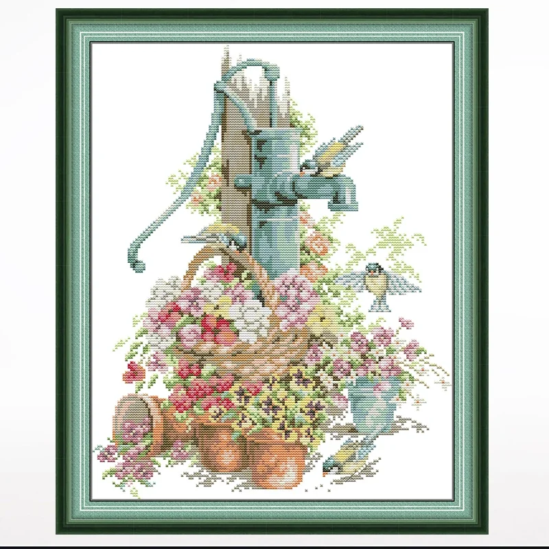 

Water pump and flowers cross-embroidered living room bedroom hanging picture, 11CT/14CT hand-embroidered