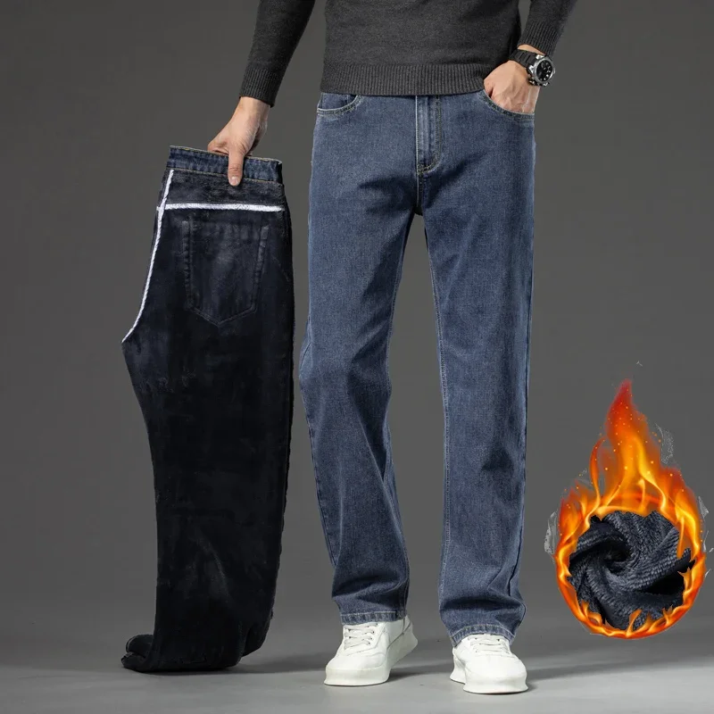 New Winter Men Plus Size Warm Fleece Stretch Straight Denim Jeans Male Plush Business Pants Casual Thick Velvet Regular Trousers 2