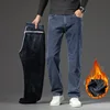New Winter Men Plus Size Warm Fleece Stretch Straight Denim Jeans Male Plush Business Pants Casual Thick Velvet Regular Trousers 2