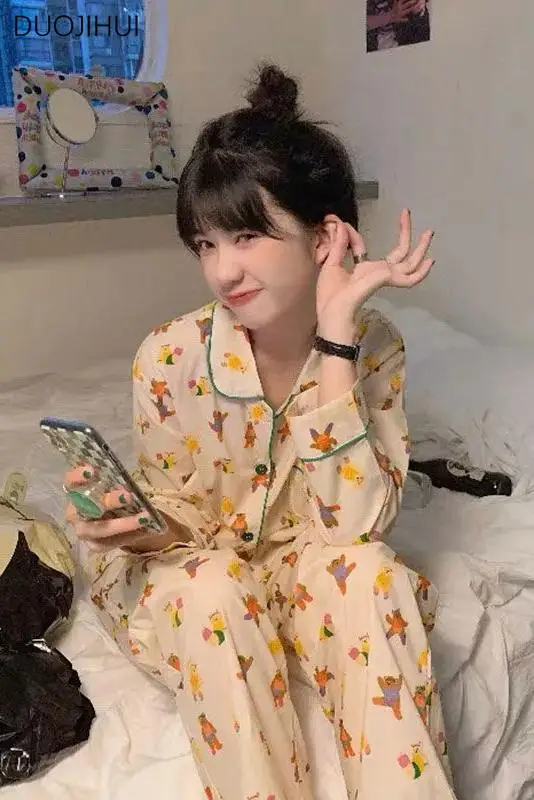 DUOJIHUI Ins Classic Two Piece Female Pajamas Set Autumn New Chicly Printing Sweet Simple Fashion Casual Home Pajamas for Women