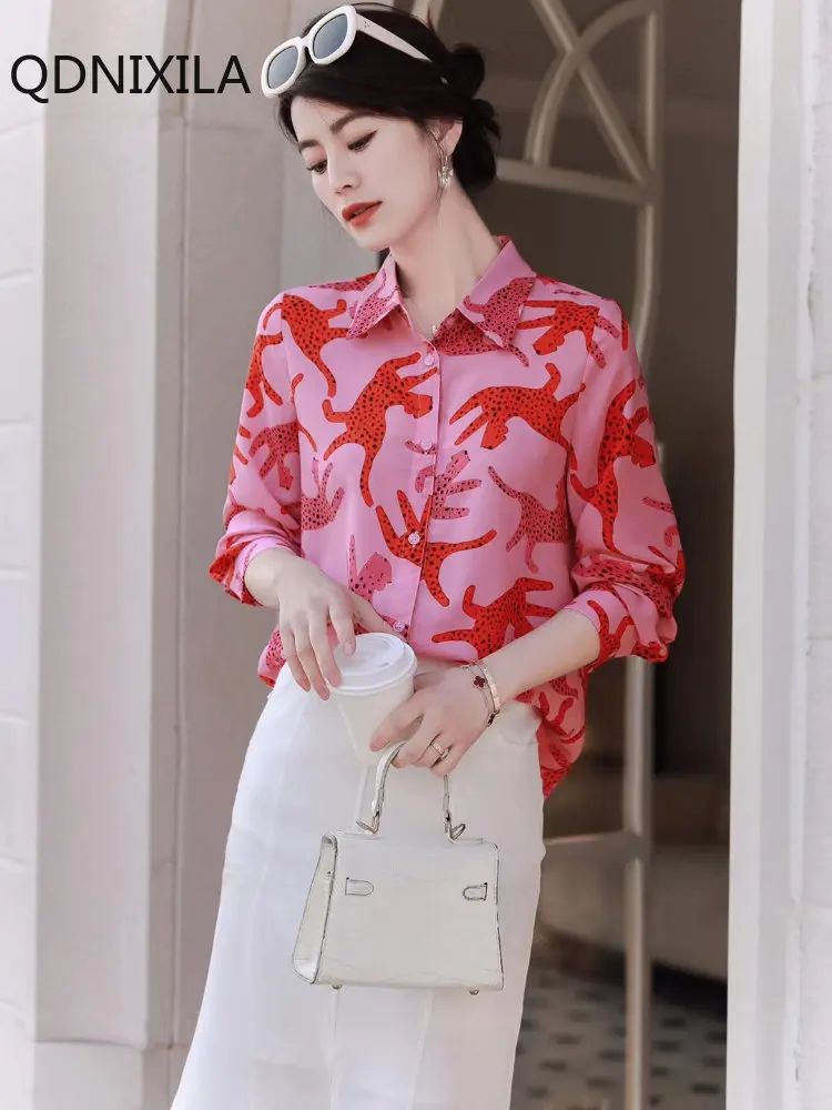 

Fashion Woman Blouse 2023 New Korean Fashion Temperament Silk-like Printed Shirt & Blouse Women's Long Sleeve Top Women