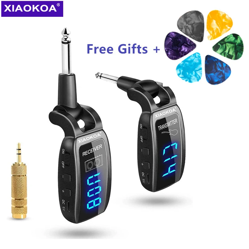 XIAOKOA Wireless Guitar System Rechargeable Upgrated LED Screen 15 Channels UHF Wireless Guitar Transmitter Receiver For Electri podcast microphone