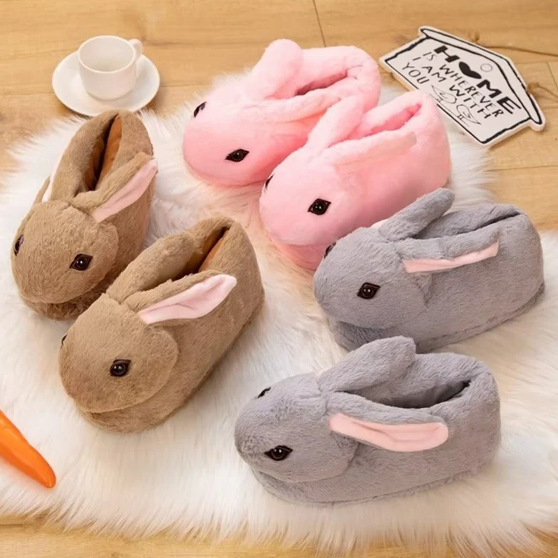 Cute Cartoon Rabbit All Inclusive Winter Warm Home Slippers Adult Girl Lady Plush Head Silent Indoor Floor Women Fun Slippers
