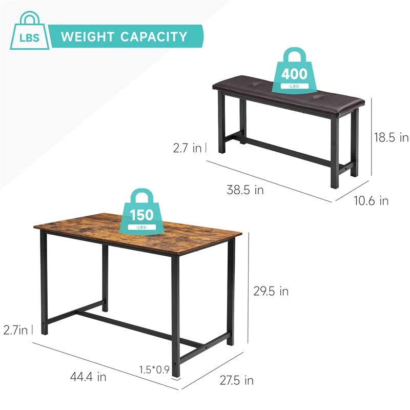 3Pcs Kitchen Dining Table Set with Upholstered Benches, Space-Saving Rectangular Bench Dining Table Set for Room