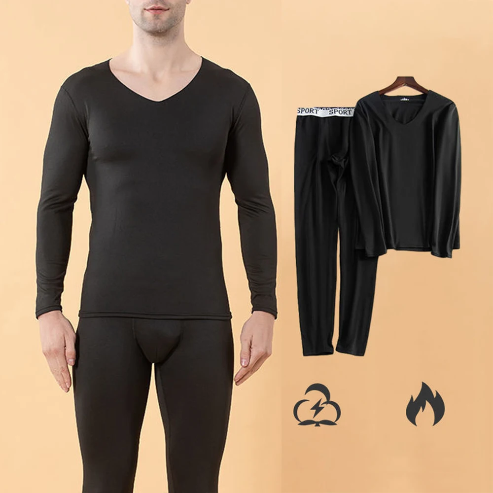 Men‘s Winter Seamless Cotton Thermal Top Long Johns Pants 2pcs Fleece Lined Warm Underwear Elastic Bottoms Outfit Homewear