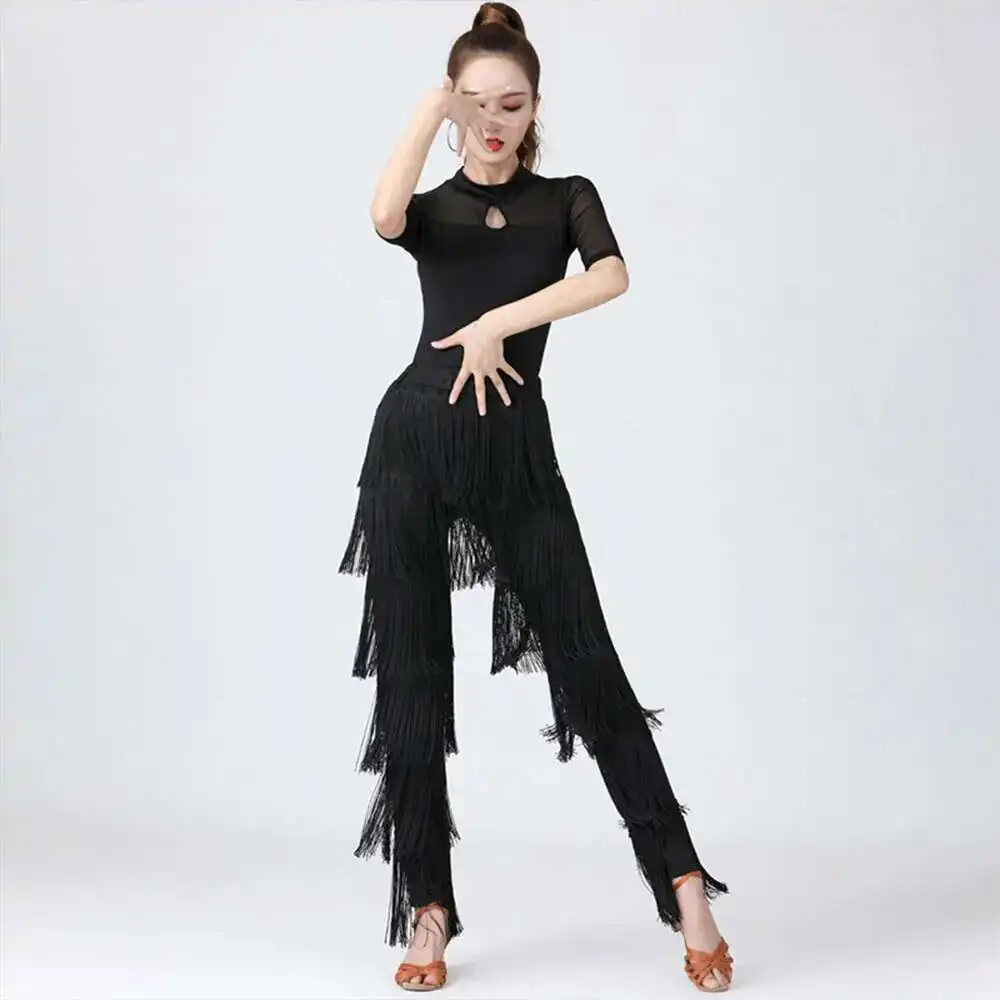 Dance Pants Womens Dancewear Elastic Waistband Tassel Latin Dance Tango Cha-Cha Performance Costume Tiered Fringed Trousers