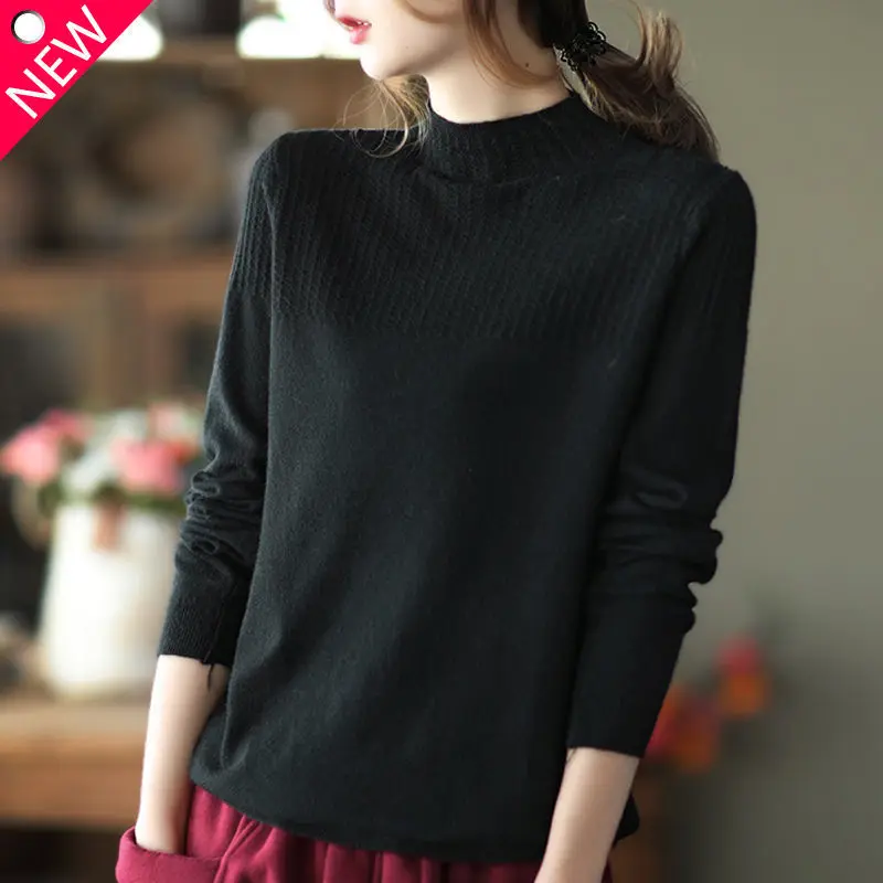 2023 Autumn and Winter New Oversize Versatile Temperament Women's Clothing Half High Collar Long Sleeve Solid Color Pullover