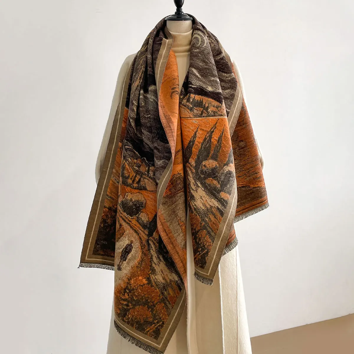 Brand Design Scarves Women Autumn Winter Thicken Scarf Imitation Cashmere Oil Painting Shawl Warm Coldproof Windproof Blanket