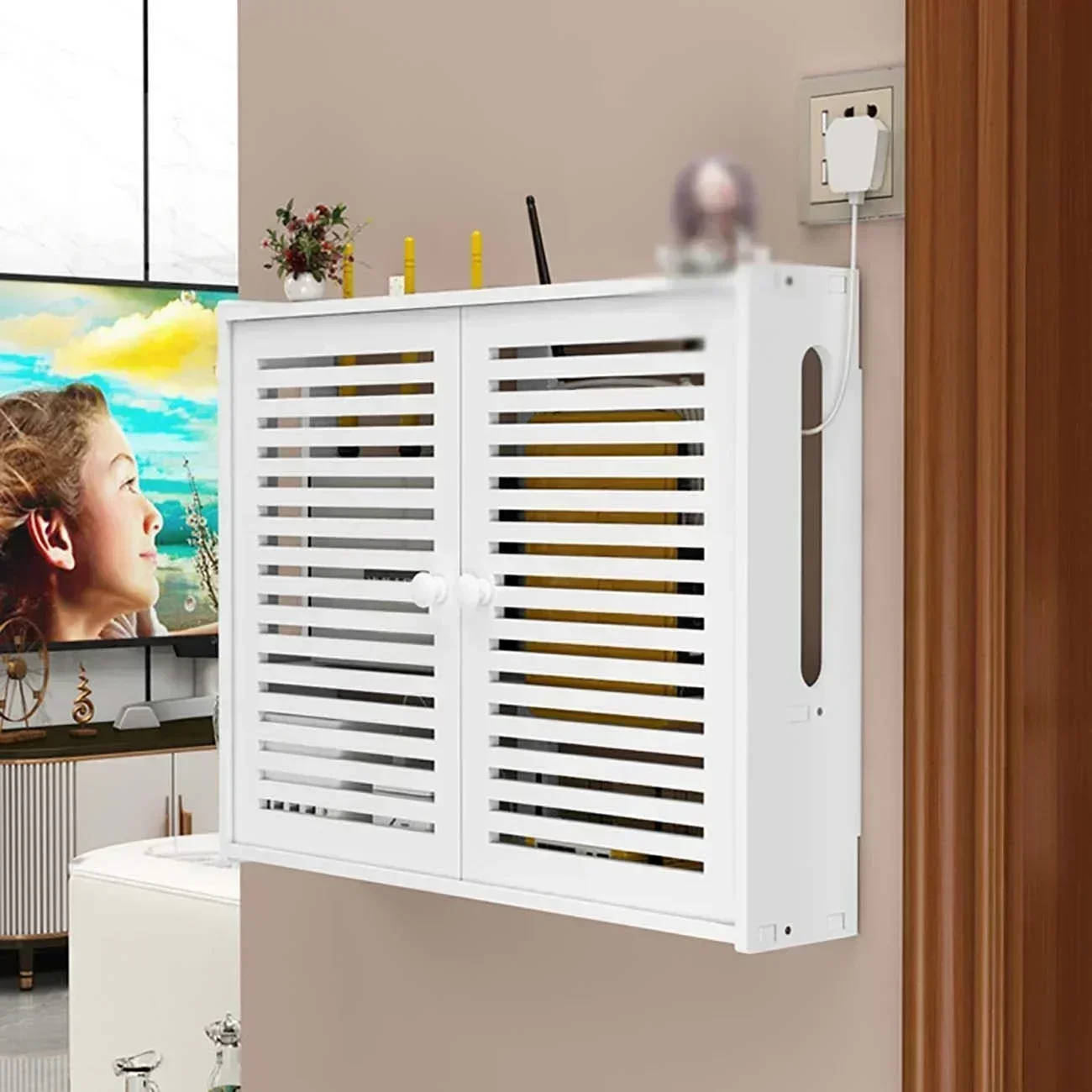 Supporto TV galleggiante da parete router scatola nascosta, scatola decorativa per console multimediale, scatola portaoggetti router WiFi per soggiorno centro di intrattenimento Supporto TV galleggiante da parete router scatola nascosta, scatola decorativa per console multimediale, scatola portaoggetti router WiFi per soggiorno centro di intrattenimento