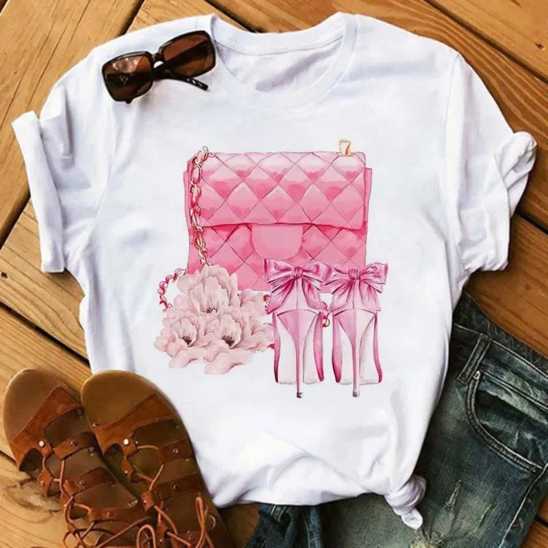 

Pink High Heels Flowers Bag Print T Shirt Women Trendy Hipster Harajuk Kawaii Short Sleeves Tops Tee Shirt Femme Clothes