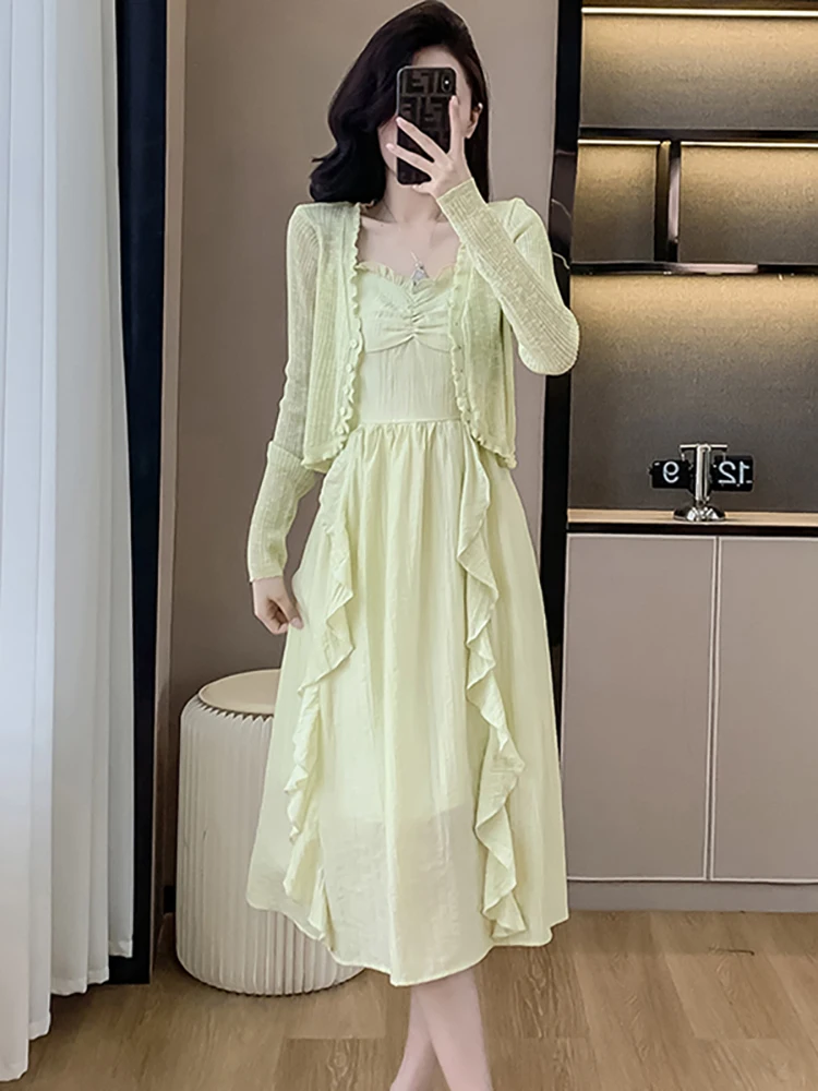 

Spring Summer Korean Fashion Elegant Holiday Dress Suits 2024 Women Green Knitted Cardigan+Ruffled Casual Sling Long Dress Suits