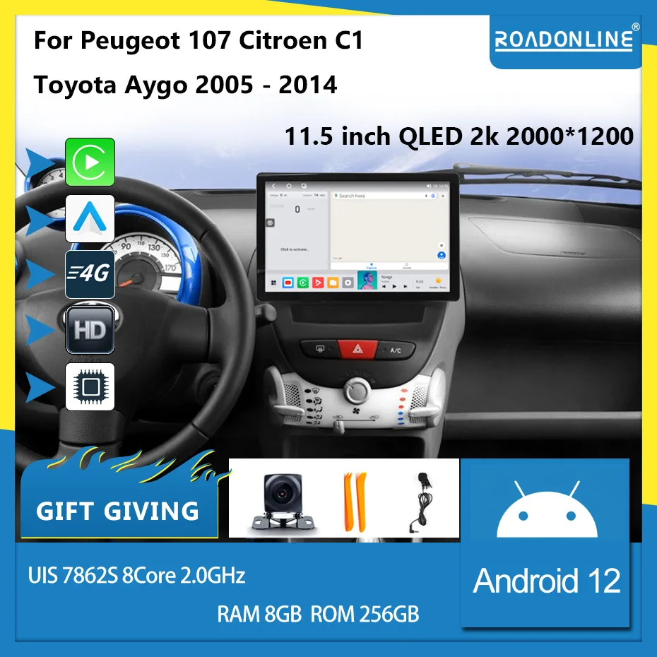 

For Peugeot 107 Citroen C1 Toyota Aygo 2005 - 2014 Android 12 2000*1200 Resolution UIS 7862 Octa-core 8+256gb Car Navigation