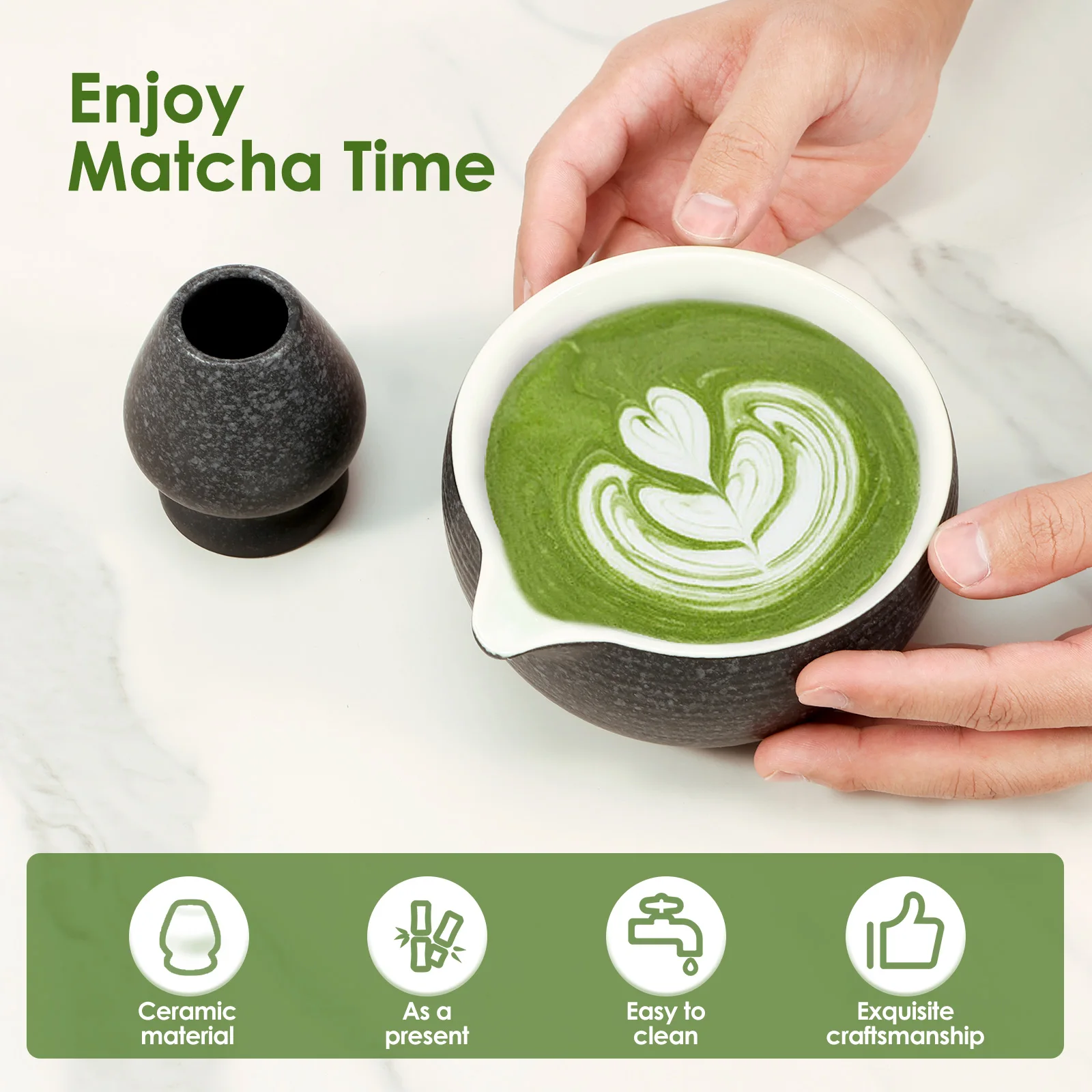 2 Pieces Japanese Tea Bowl Whisk Set Ceramic Matcha Bowl and Whisk Holder Exquisite Teaset Matcha Making Tool Lovers Gift