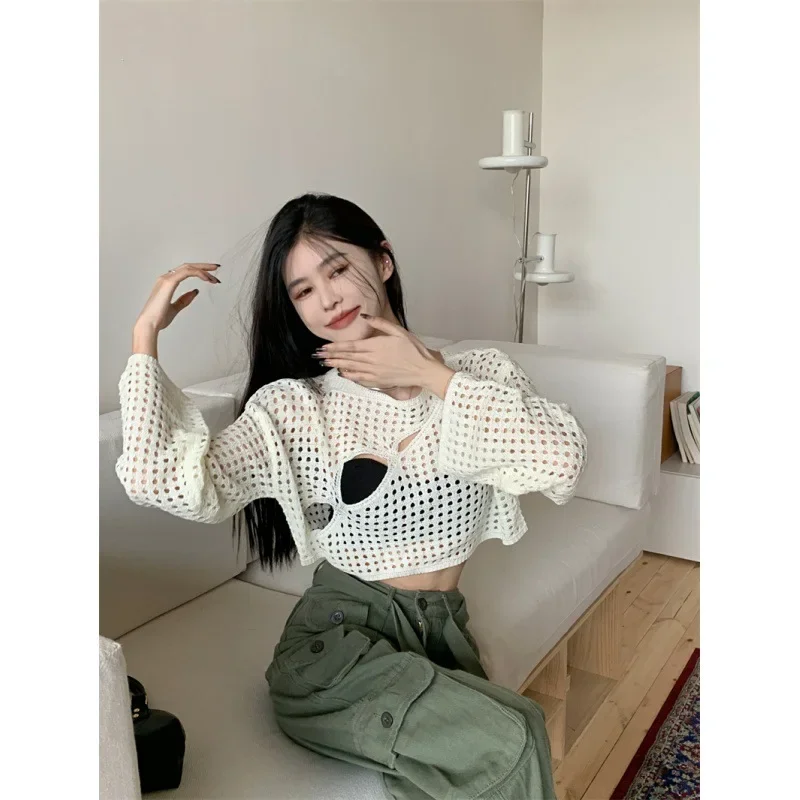 Y2K 할로우 아웃 크롭 탑 니트, 레트로 긴팔 티셔츠, 여성용 여름 자외선 차단 통기성 가디건, 패치 티