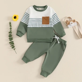 Kids Baby Boys 2-piece Outfits Autumn Activewear Long Sleeve Stripes Sweatshirt and Elastic Waist Sweatpants Sets 2