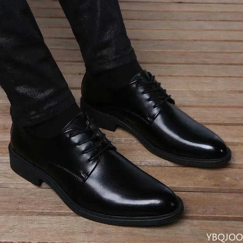 Breathable Lace Up Groom Wedding Shoes Men's Leather Shoe British Business Dress Pointe Toe Heigh Increasing Insole Non-Slip man