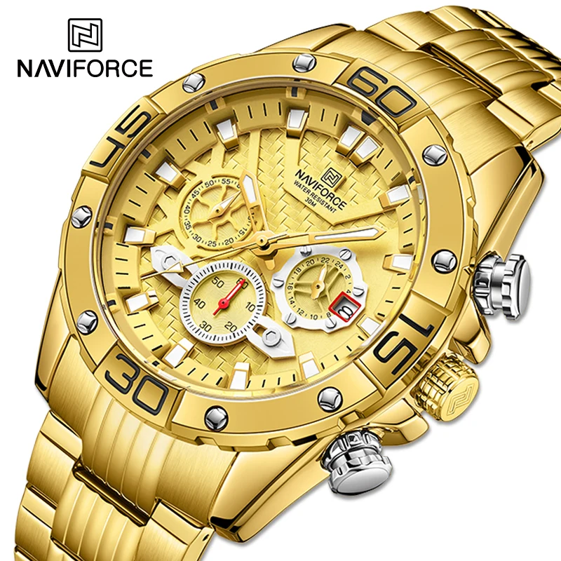 

NAVIFORCE Men's Luxury Gold Multifunction Wrist Watches Sports Waterproof Casual Watch Fashion Quartz Stainless Steel Male Clock