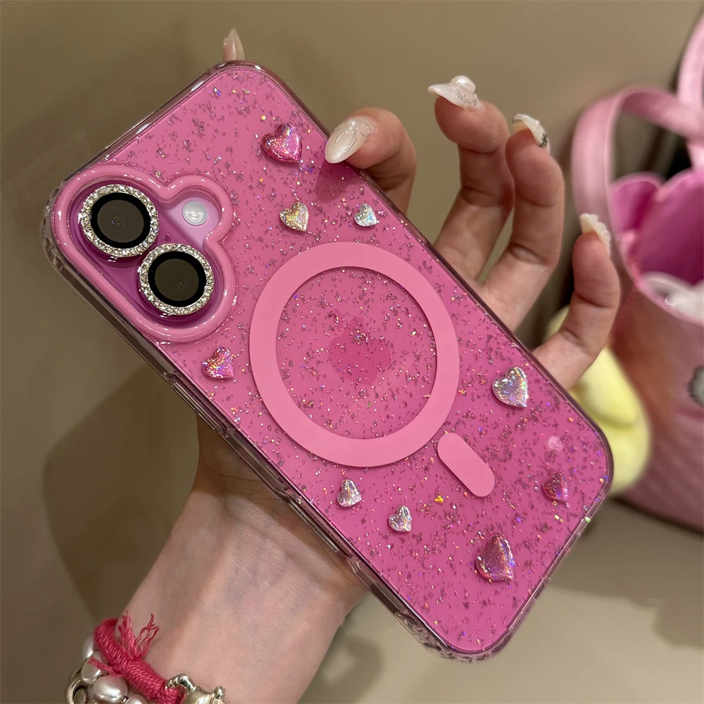 ホットピンク ぷっくりハート ラメグリッター Magnet内蔵 iPhoneケース