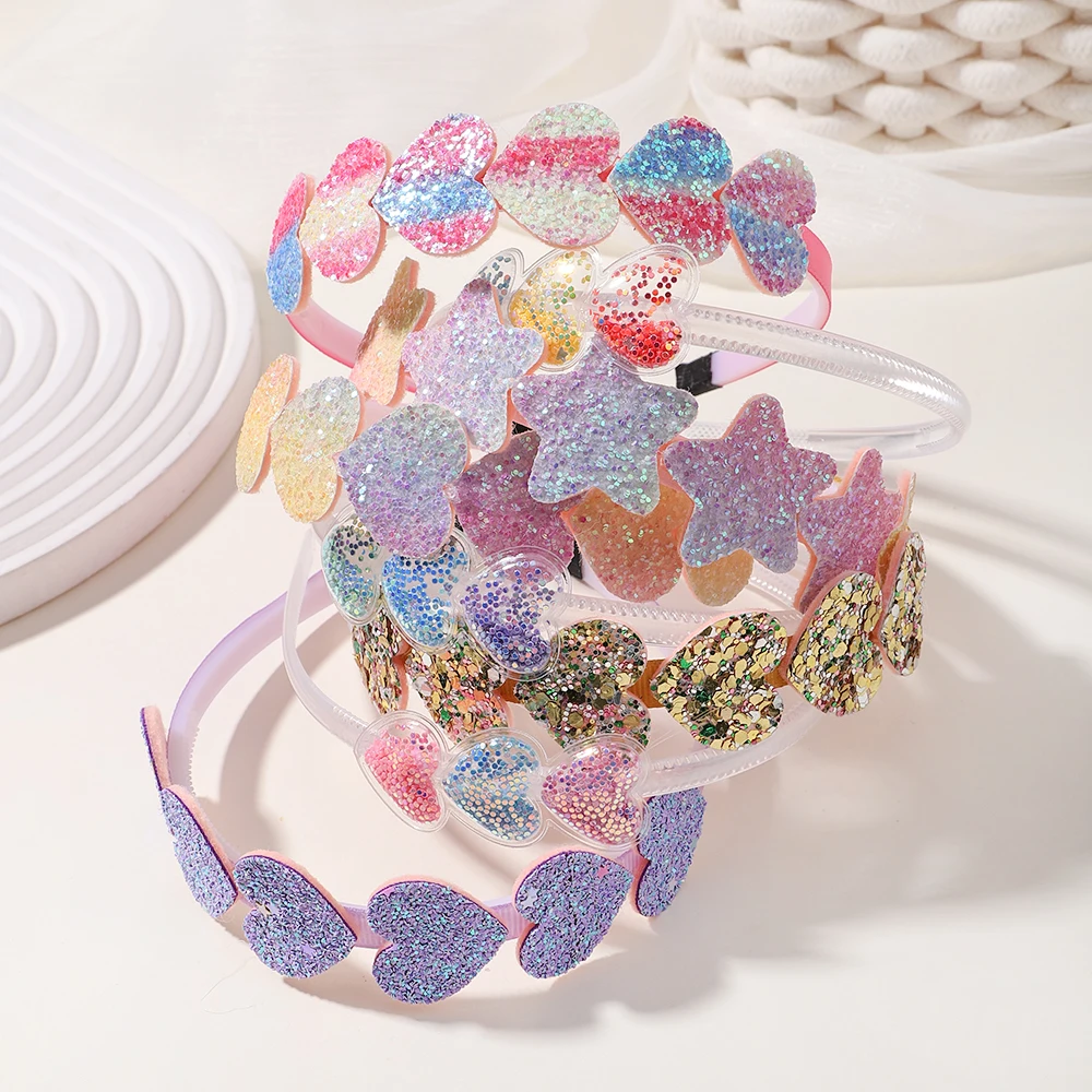 1/2pcs Transparent Quicksand Hairhoop Kids Girl Glitter Heart Sequin Cartoon Hairbands Children Headwear Baby Hair Accessories