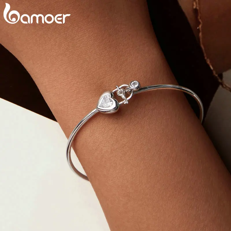 BAMOER Dainty 925 Sterling Silver Lock Bar Bracelet for Women Delicate Thin Cuff Bangle Bracelet White Gold Plated Jewelry