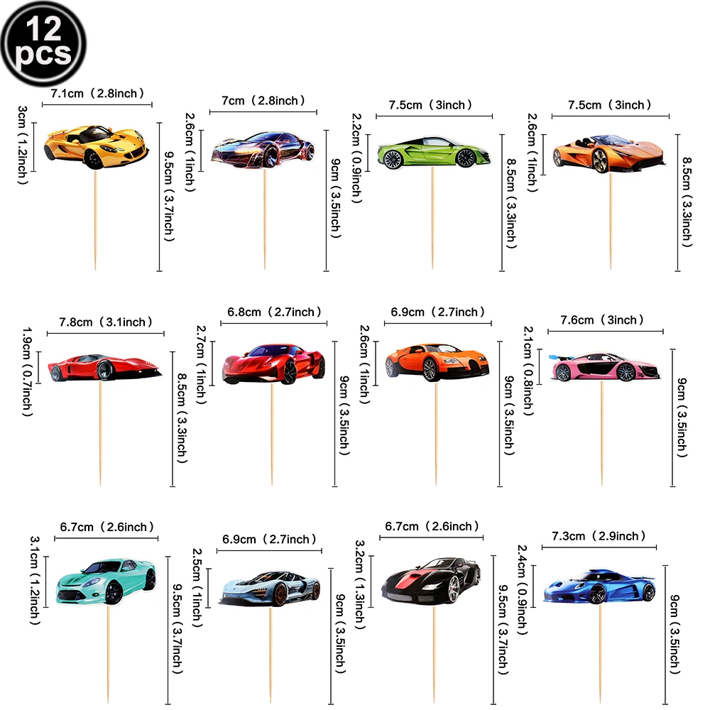 12 יחידות מדבקות קאפקייק לרכבי מירוץ עיצוב עוגת נושא רכב תינוקות ילדים בנים בנות מסיבת יומולדת לרכבי מירוץ