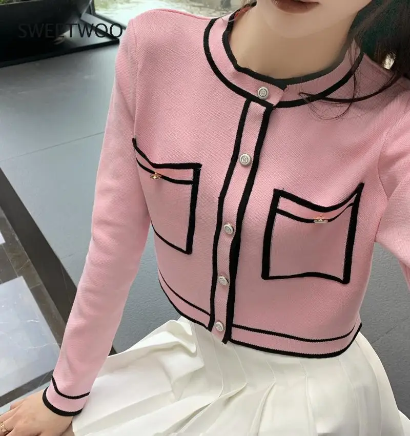 

Pink Cardigan Top 2021 Luxury Cropped Cardigan Women Round Neck Single Breasted Knitted Cardigan Short Sweater Coat Tide Chic