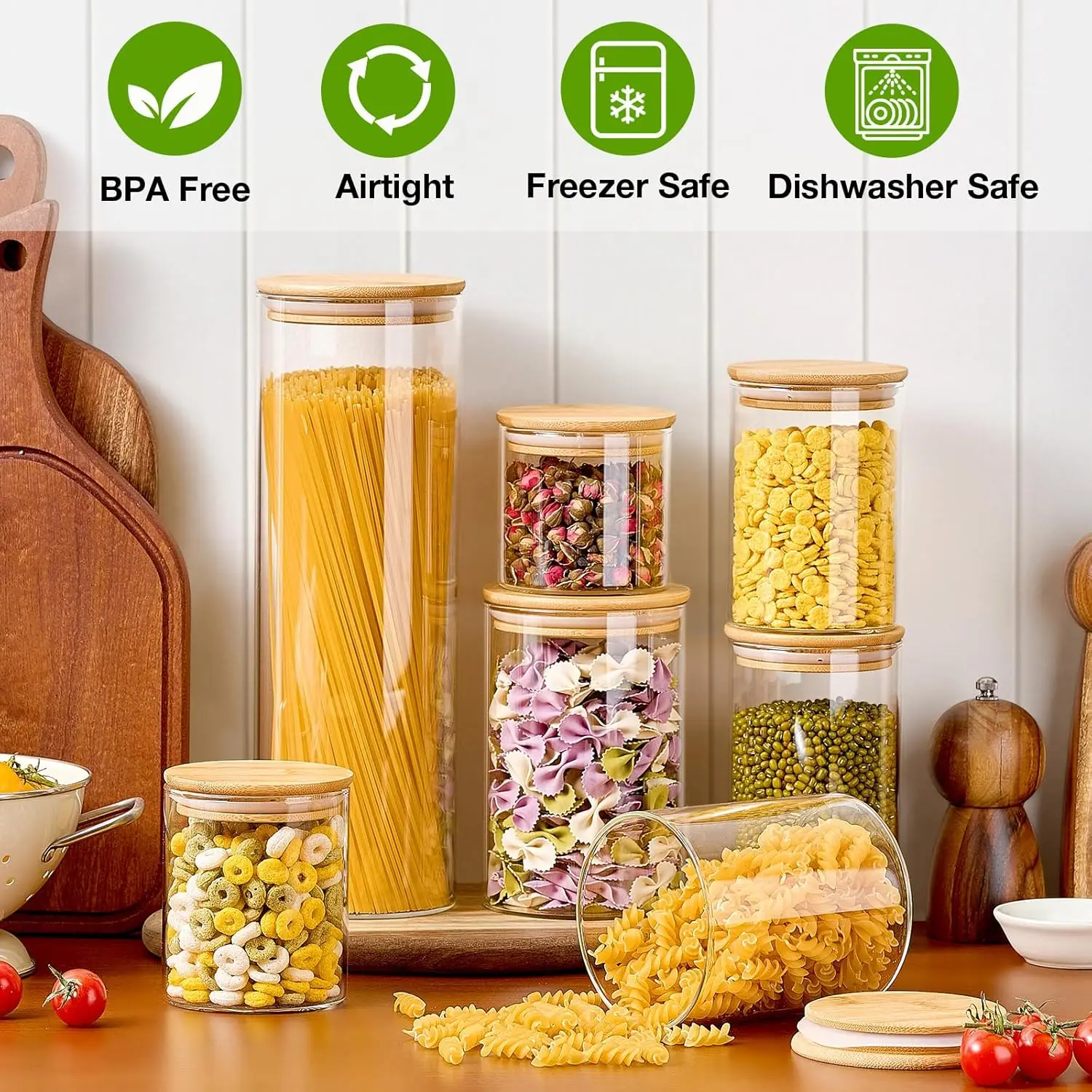 Thicker Glass Food Storage Jars Airtight Bamboo Lids 7 Pack Clear Glass Storage Containers Canisters Set Pasta