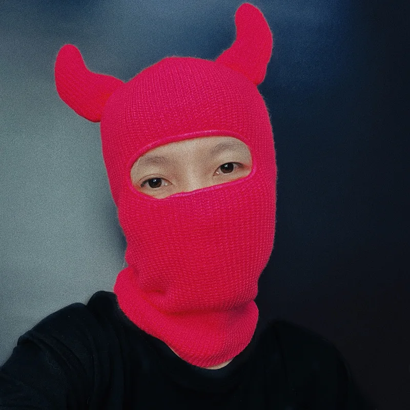 

Y2K Horns Balaclava Cap Ski Mask Balaclava Solid Color Beanie Hat