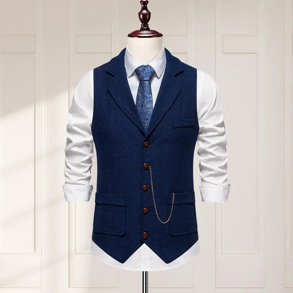 Three-dimensional Patch Pockets Elegant Men's Business Suit Vest with 3d Pockets Chain Decoration Classic Lapel for Formal