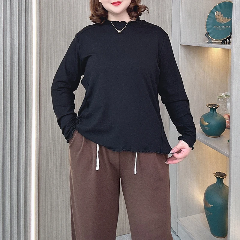 Women's Loose Ruffle Collar T-shirt, Long Sleeve, Basic Tops, Plus Size, Solid Color, New, Autumn