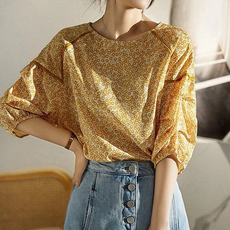 

Summer New Elegant Fashion Vintage Shirt Women Prairie Chic Flowy Round Collar Three Quarter Batwing Sleeve Polka Dot Strap Top