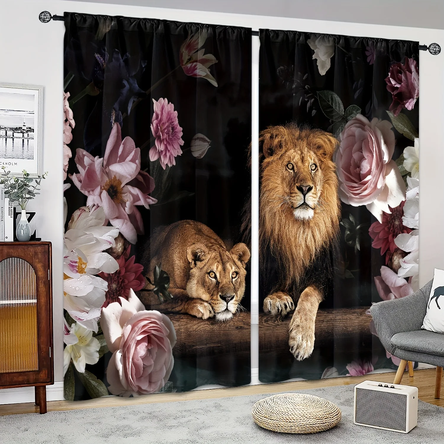 

2pcs Aesthetic Lion Flower Printed Curtain for Bedroom Office Kitchen Living Room Window Treatment for Home Decor Free Shipping