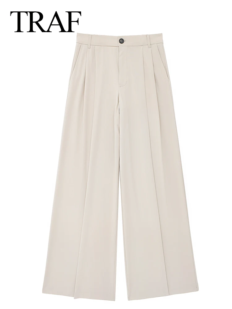 TRAF 2024 Women Casual Solid Wide Leg Pants Female Vintage Summer High Waist Pleated Women's Pants Streetwear Chic Lady Trousers