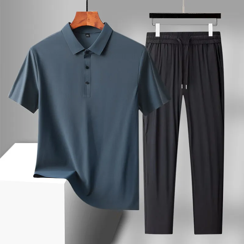 Hochwertige einfarbige Eisseide mit kurzen Ärmeln, POIO- und durchgehenden Hosen, zweiteilige Herren-Sets, Business-Casual-Tops, T-Shirts und Jogginghosen – Detail 8