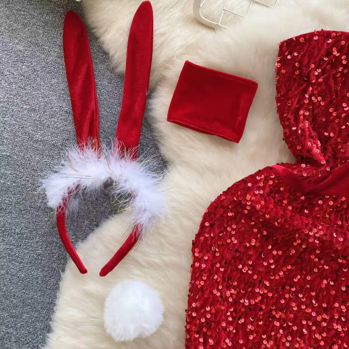 Secret Clothes Skinny Red Short Dress Sexy Sequin Bodycone Strapless Club Party Night Rrotic Bunny Cosplay Mini Dress Casual New