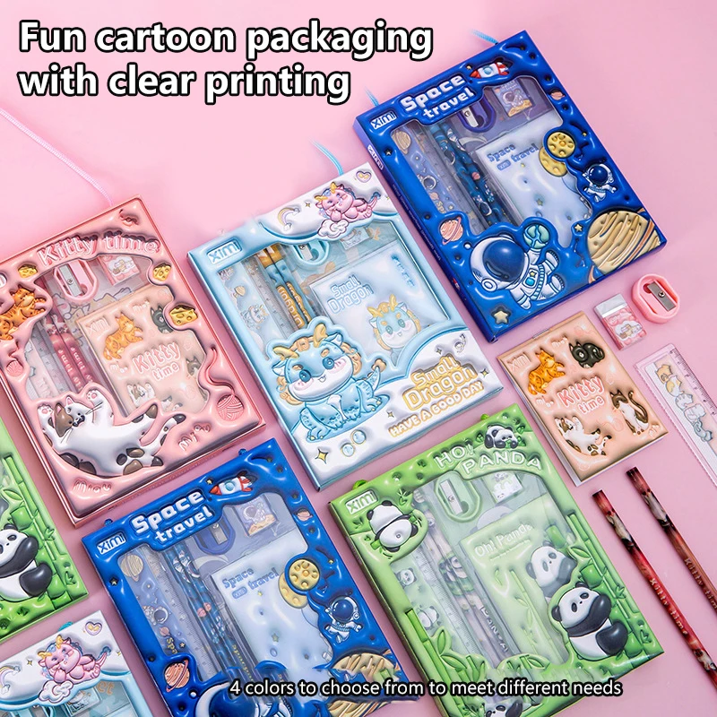 New 1Set Cute High-Quality Durable Study Stationery Kit Children Learning Tools Cartoon Handheld Stationery Set Children Gifts
