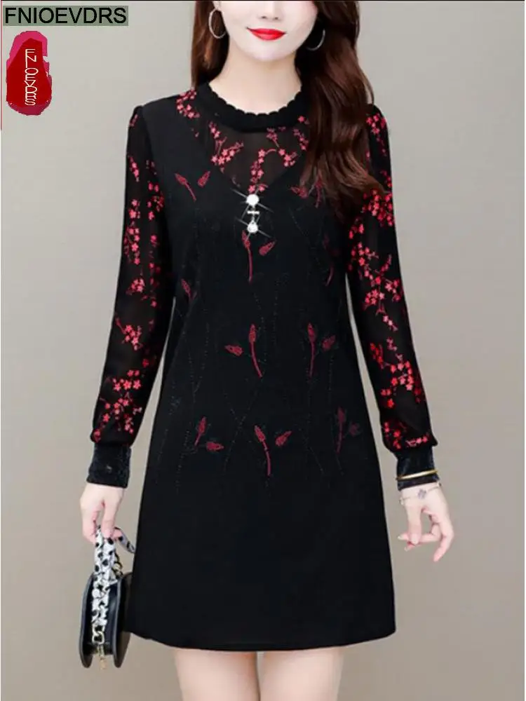 

M-5XL Winter Spring Basic Mini Dress Hot Sales Women Hot Fashion Temperament Lady Warm Velvet Little Black Lace Mini Dress