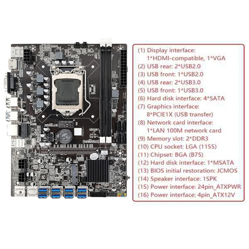 B75 BTC Mining Motherboard+SATA Cable+G530 CPU+MSATA SSD 128G LGA1155 8XPCIE USB Adapter DDR3 B75 USB Miner Motherboard latest motherboard for desktop