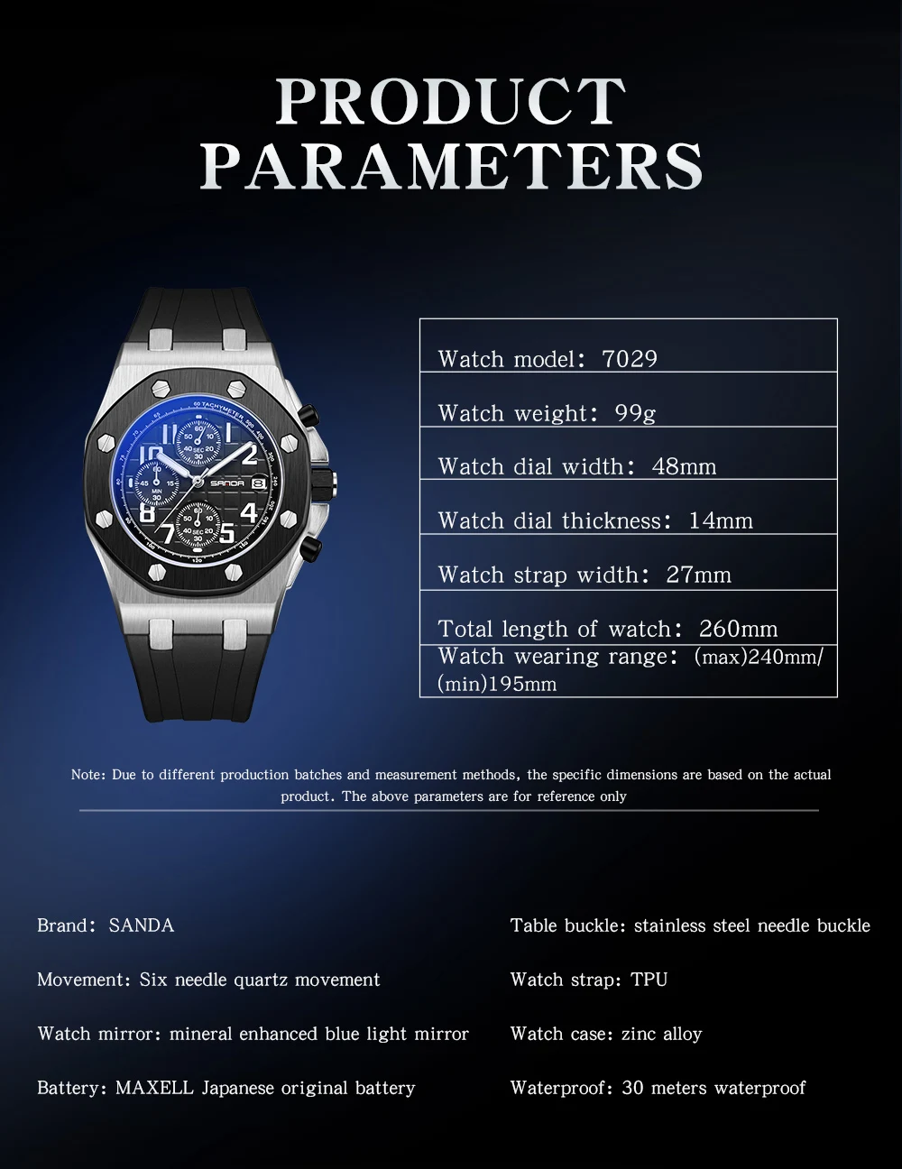 SADNA 7029 New Nightlight Three Eyes Six Needle Quartz Watch Fashion Trend Multifunctional Timing Calendar Digital Watch