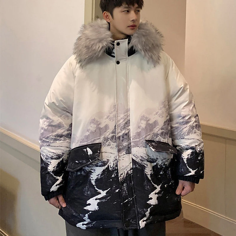 Oversized Men's 2023 Winter Warm Hooded Duck Down Jackets Outdoor Fur Collar Puffer Coat Streetwear Loose Snow Thick Down Parkas
