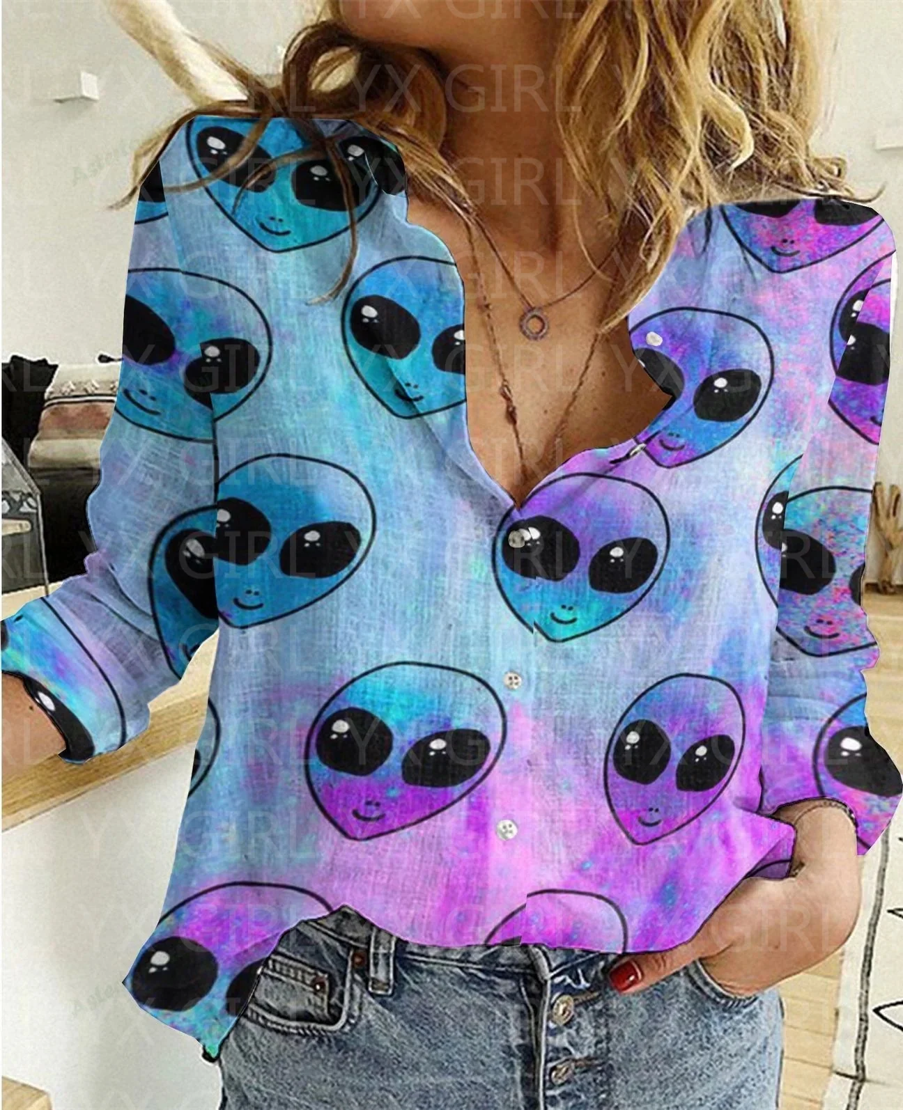 Women's Alien Printed Casual Shirt 3D Printed Button-down Shirt Casual Unique Streewear seashell seahorse sea life printed casual shirt 3d printed button down shirt women s casual unique streewear