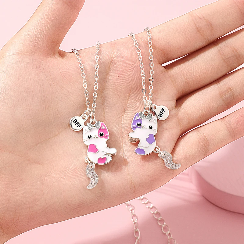 Pwsap 2PCS Adorable BFF Necklaces Dinosaur Cat Friendship Magnetic Necklaces, Best Friends Forever Golden Chain Necklace For 2 Girls Valentine Jewelry Gifts For Kids Girls Friends Brother Sisters - View #5