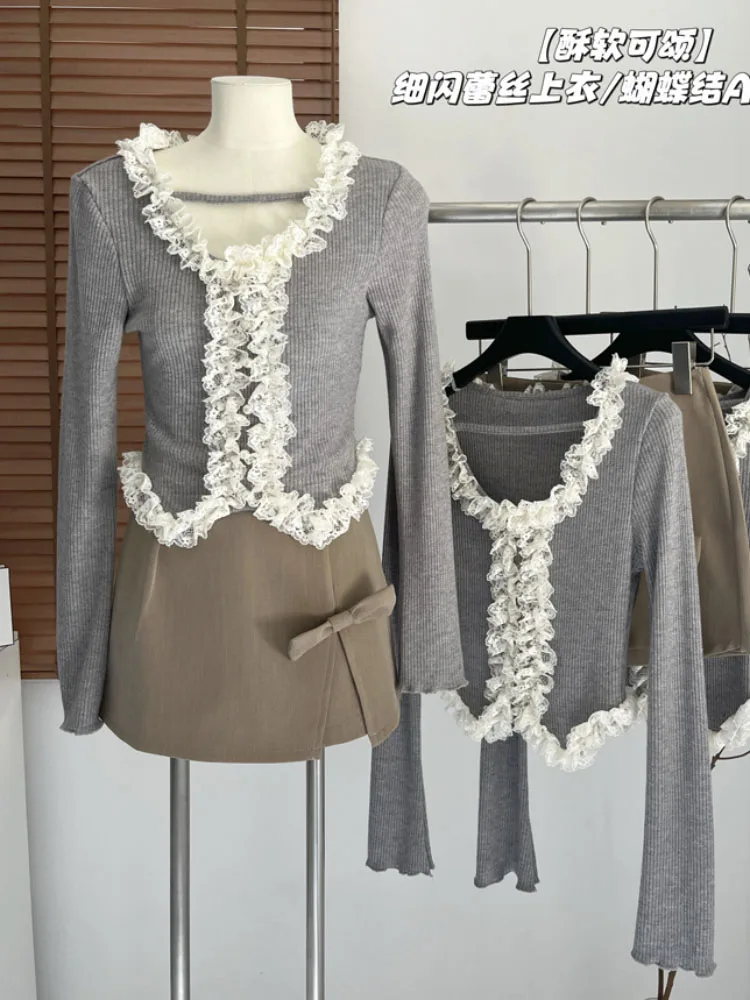 

Вязаный свитер с V-образным вырезом и кружевными краями, Осень-зима, шикарный модный дизайнерский теплый пуловер, Однотонный свитер в стиле пэчворк