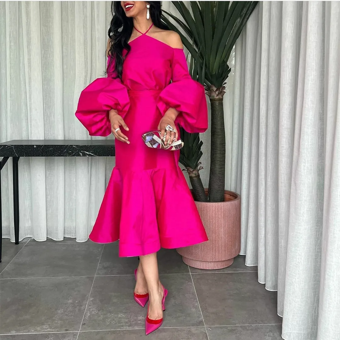 

Elegant Short Halter Taffeta Evening Dresses Puffy Sleeve Mermaid Fuchsia Tea Length فساتين السهرة Ruffle Prom Dresses for Women