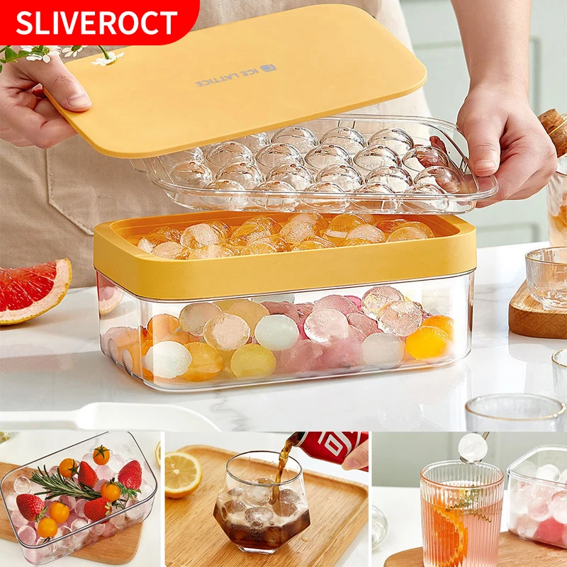 

New Round Ice Cube Tray With Storage Box Creative Quick Release Ice Cube Molds Party Bar Kitchen Square Container Cold Drink Set