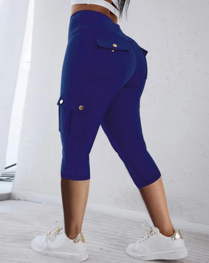 Sports Style Women's Pants 2024 Summer New Multi Color Women's Casual Pocket Design High Waisted Cropped Sports Pants