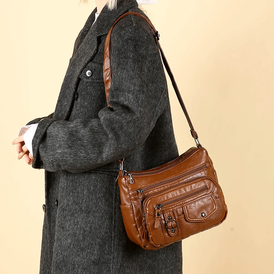 Retro Soft Pu Leather Crossbody Bags for Women Multi Pocket Shoulder Bag Purses