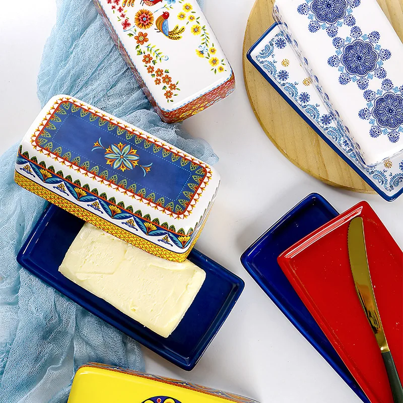 Bohemian Style Butter Container Ceramic Box Restaurant Sealed Storage Box Cheese Boxs Butter Slicer Dish Tableware